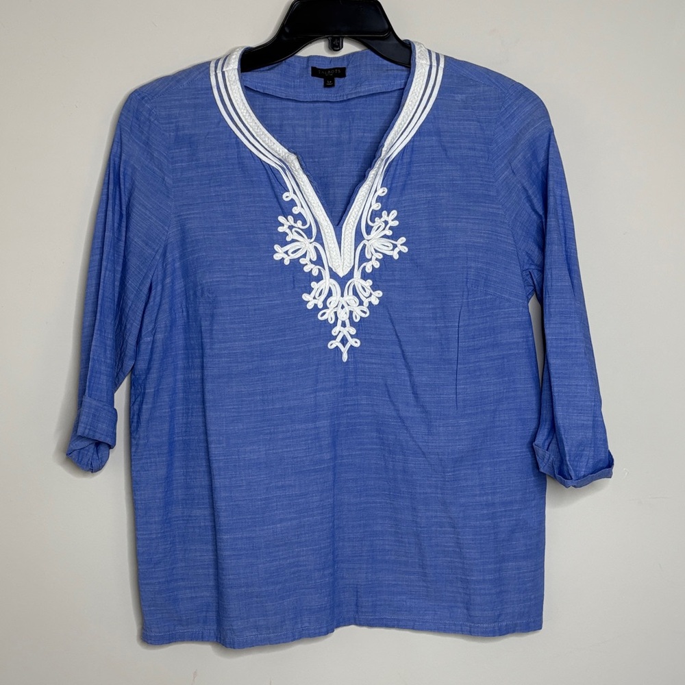 Talbots Women’s Blue Embroidered Tunic Top Size LP Petite 3/4 Sleeve Boho